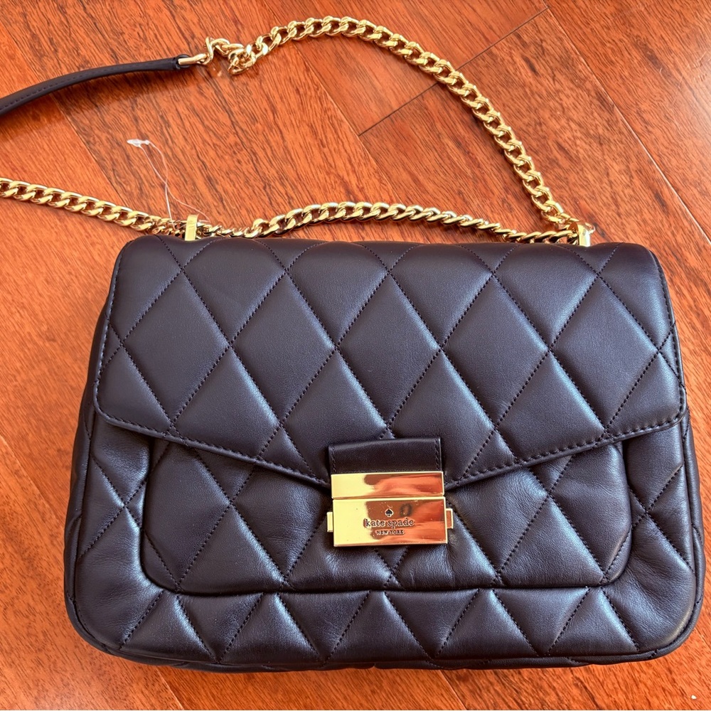 Kate Spade New York Carey Quilted Black Leather medium flap Chain Shoulder Bag